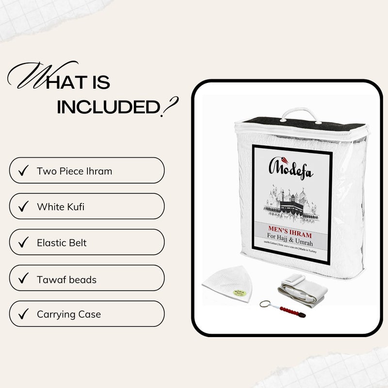 Modefa Islamic Men's Ihram Towel Set for Hajj Umrah - 2 Piece Set - 110 x 220, 100% Cotton - Combo with Belt, Kufi and Tawaf Beads - Image 3